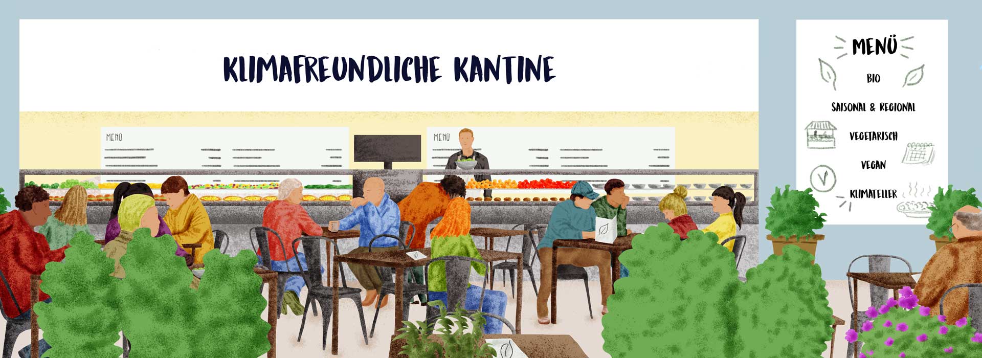 Menschen essen in einer klimafreundlichen Kantine